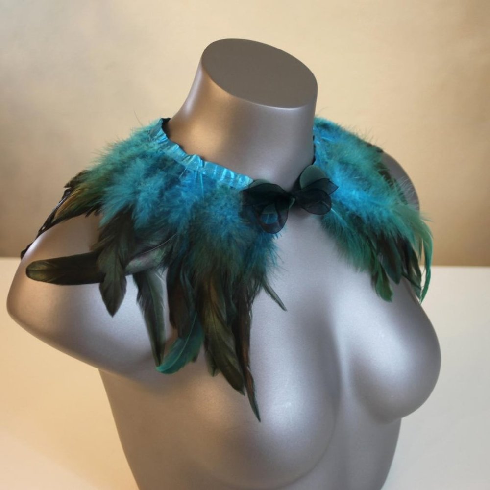 Rooster Feather Collar Wrap Shrug Teal Black - NEW Shawl
